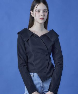WOMEN 미디 크롭 랩 오프숄더 슬림 긴팔 셔츠 [BLACK] 긴팔티 ver.