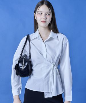 랩 카라 슬림핏 끈 무지 여성 긴팔셔츠 [WHITE] 620w