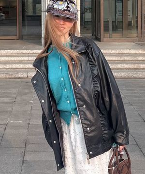 셔링 레더 블루종 자켓 블랙