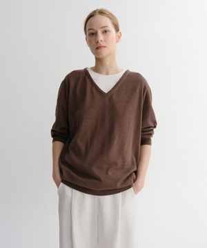WOOL SILK V NECK PULLOVER (BROWN)