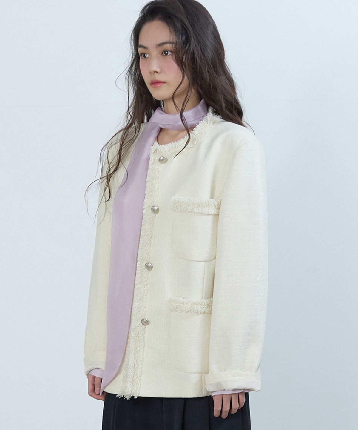 미치코런던 코시노(MICHIKO LONDON KOSHINO) [무료반품] 프린지 트위드 자켓 크림 아이보리