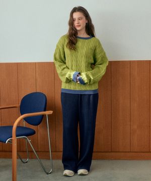 [ADULT] 츄로 트위스트 배색 니트_올리브