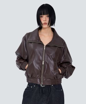 85-VIVA144 카빙 크롭 레더 자켓 브라운