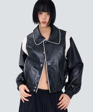 85-VIVA145 프레임 라인 바시티 레더 자켓 블랙
