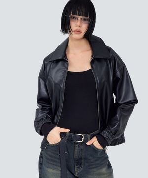 85-VIVA146 누벨 카라 블루종 레더 자켓 블랙