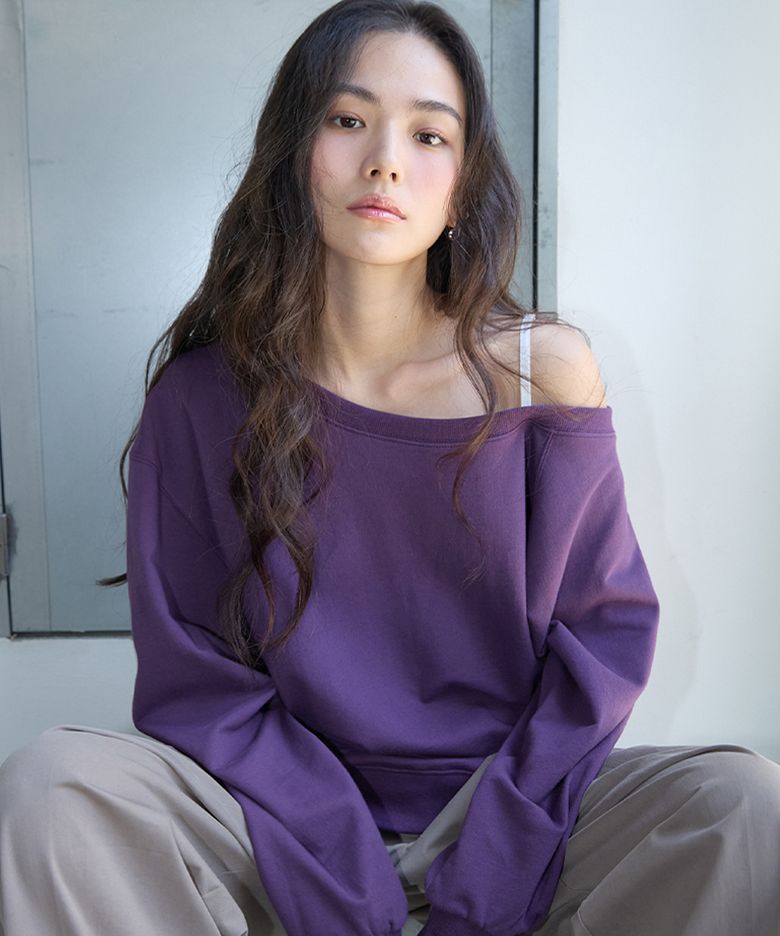 스트랩 오프숄더 스웻셔츠 플럼 퍼플