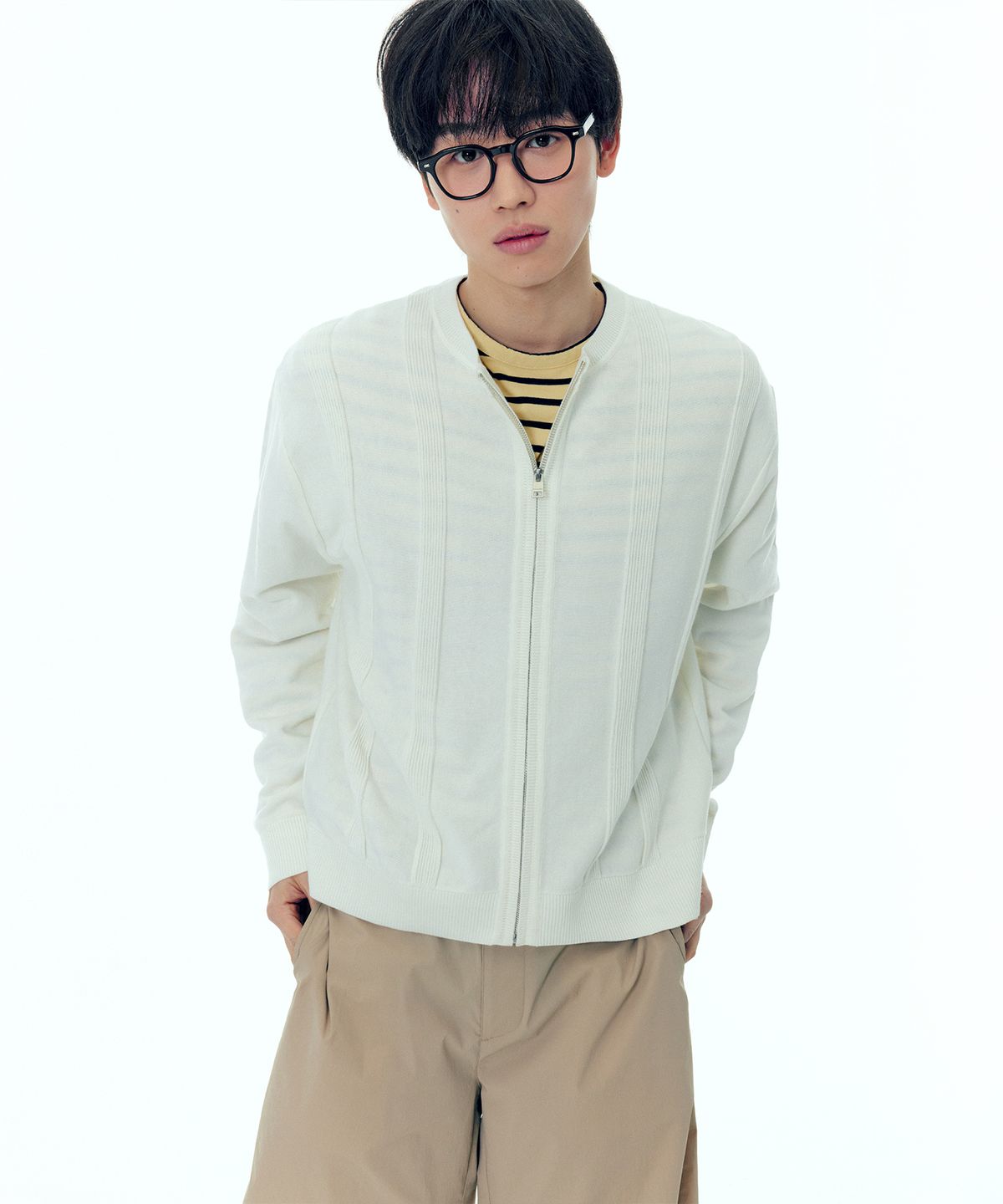 플랙(PLAC) 라인 집업 가디건 아이보리