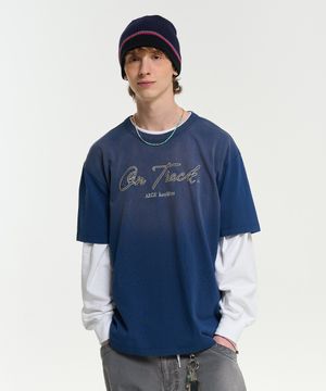 ON TRACK EMBROIDERY WASHED HALF SLEEVE TEE-DARK BLUE