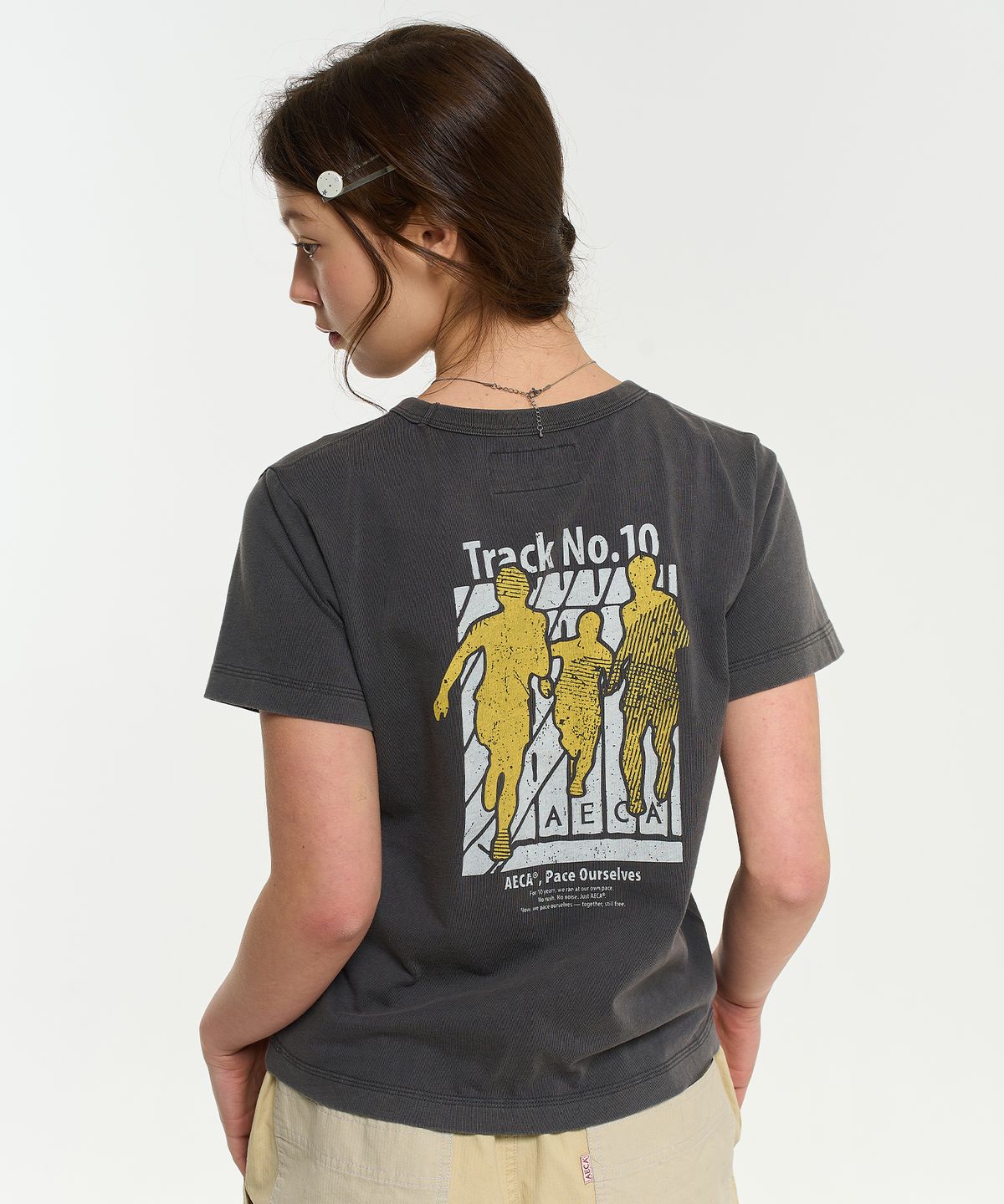 에이카화이트(AECA) (Woman) AECA TRACK NO.10 PART WASHED HALF SLEEVE TEE-CHARCOAL