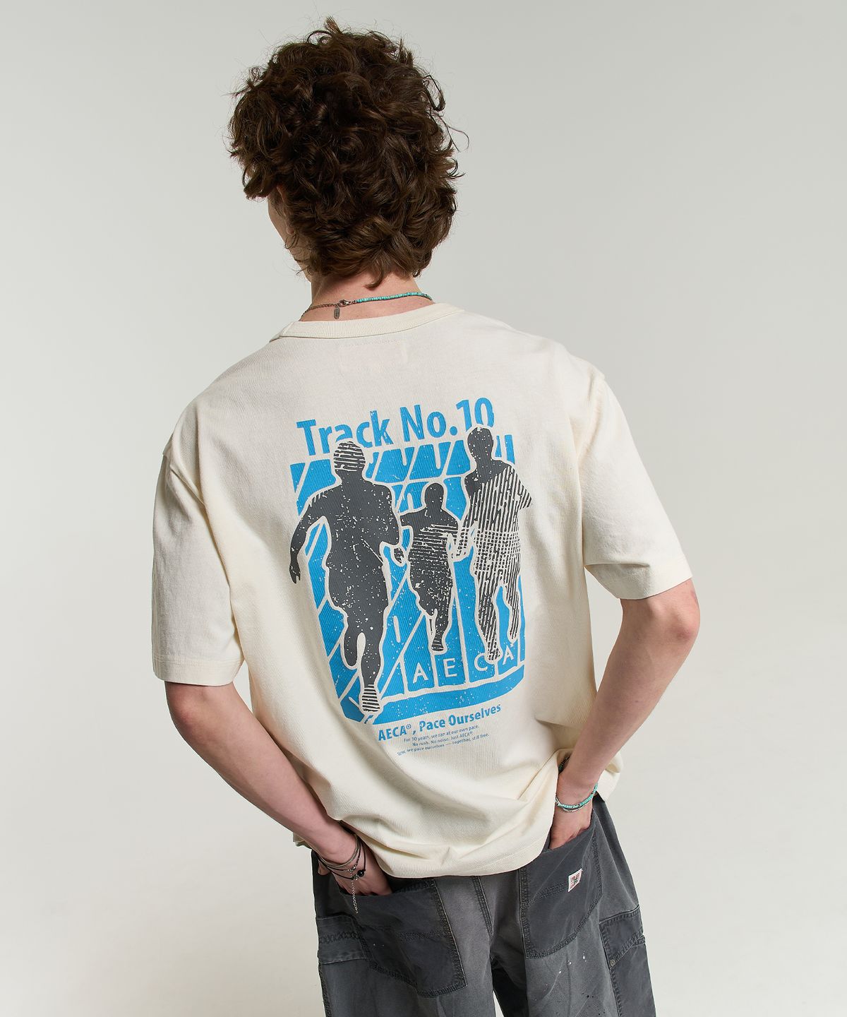 에이카화이트(AECA) AECA TRACK NO.10 PART WASHED HALF SLEEVE TEE-ECRU