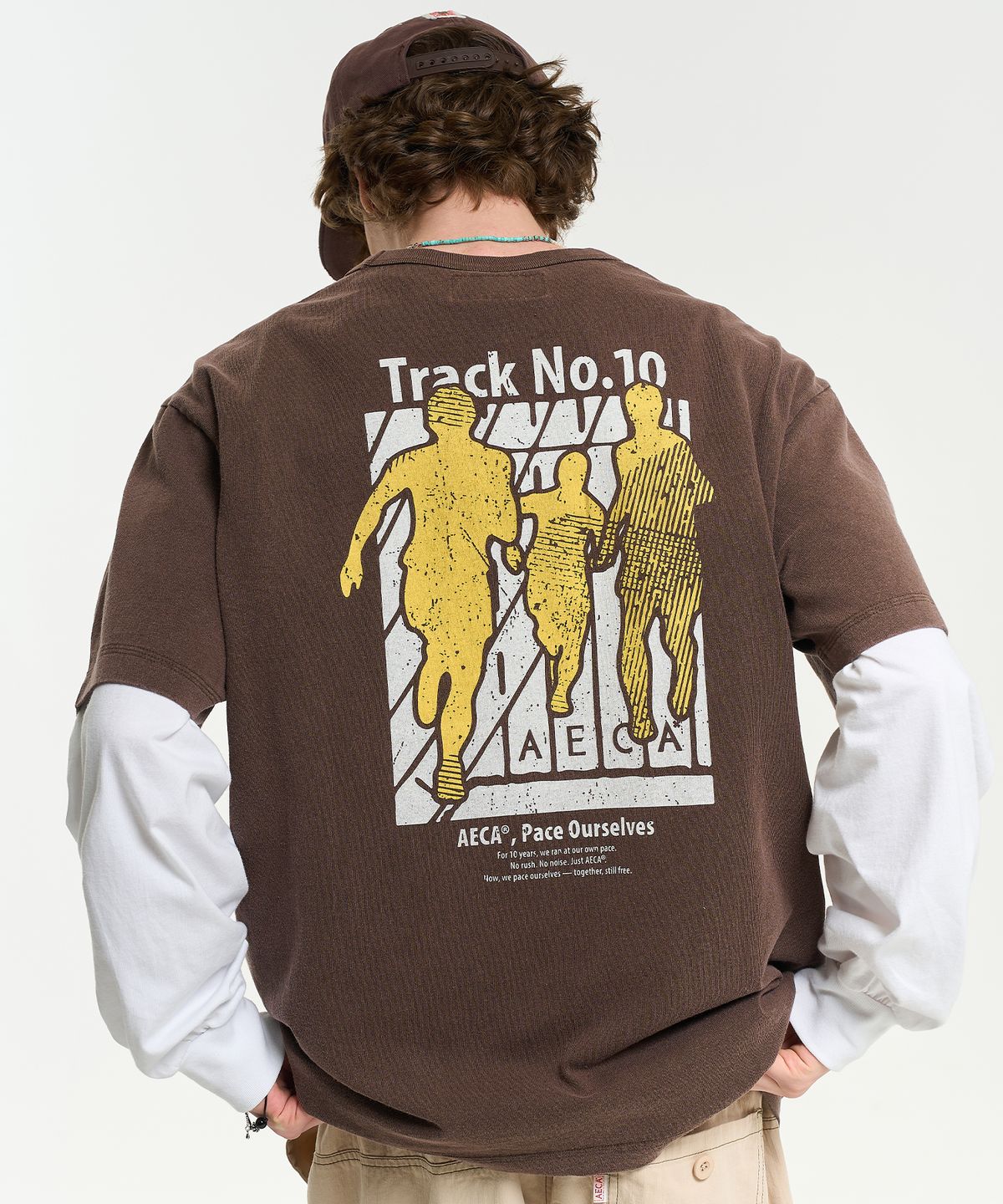 에이카화이트(AECA) AECA TRACK NO.10 PART WASHED HALF SLEEVE TEE-BROWN