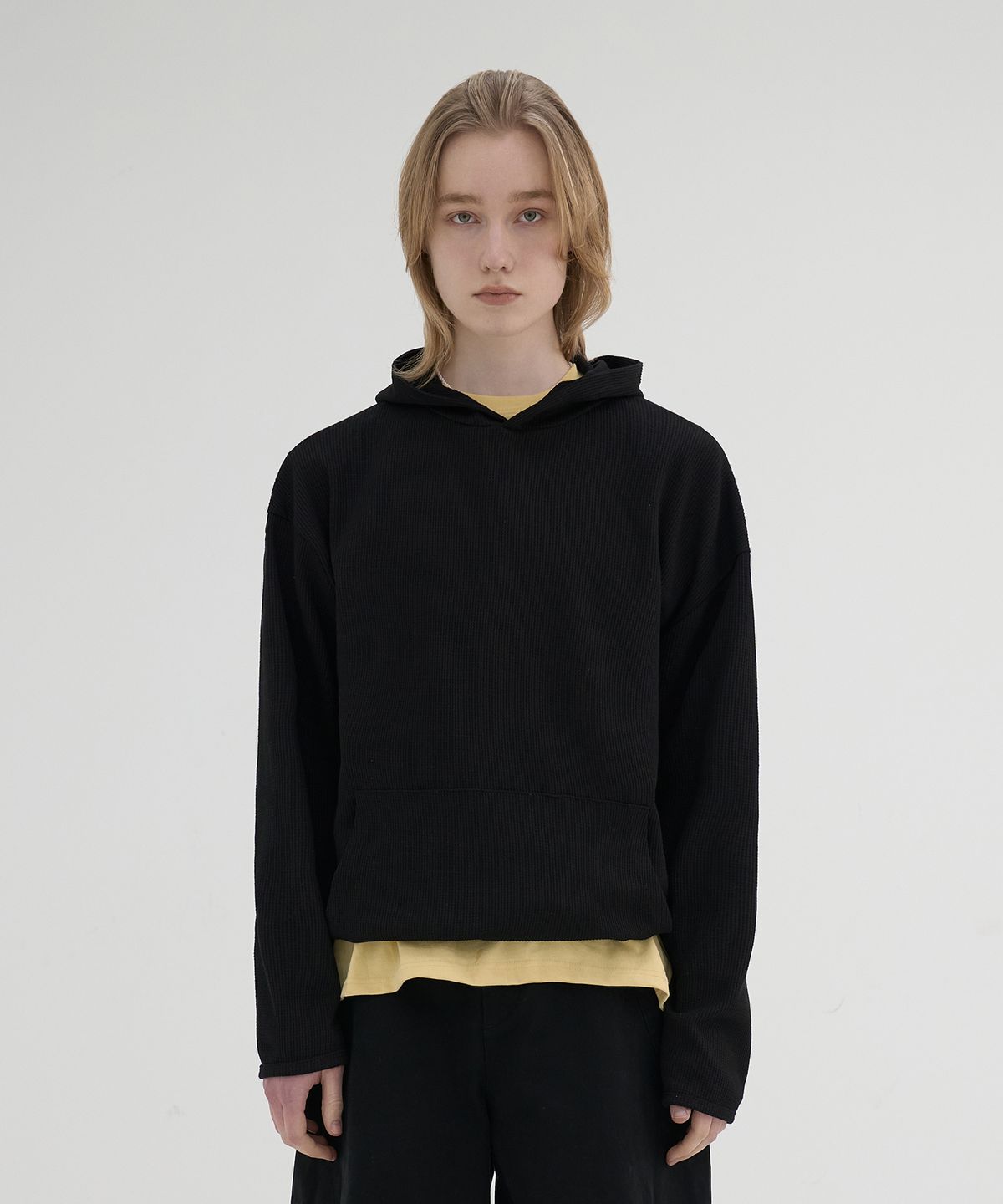 노운(NOUN) waffle hooded t-shirts (black)