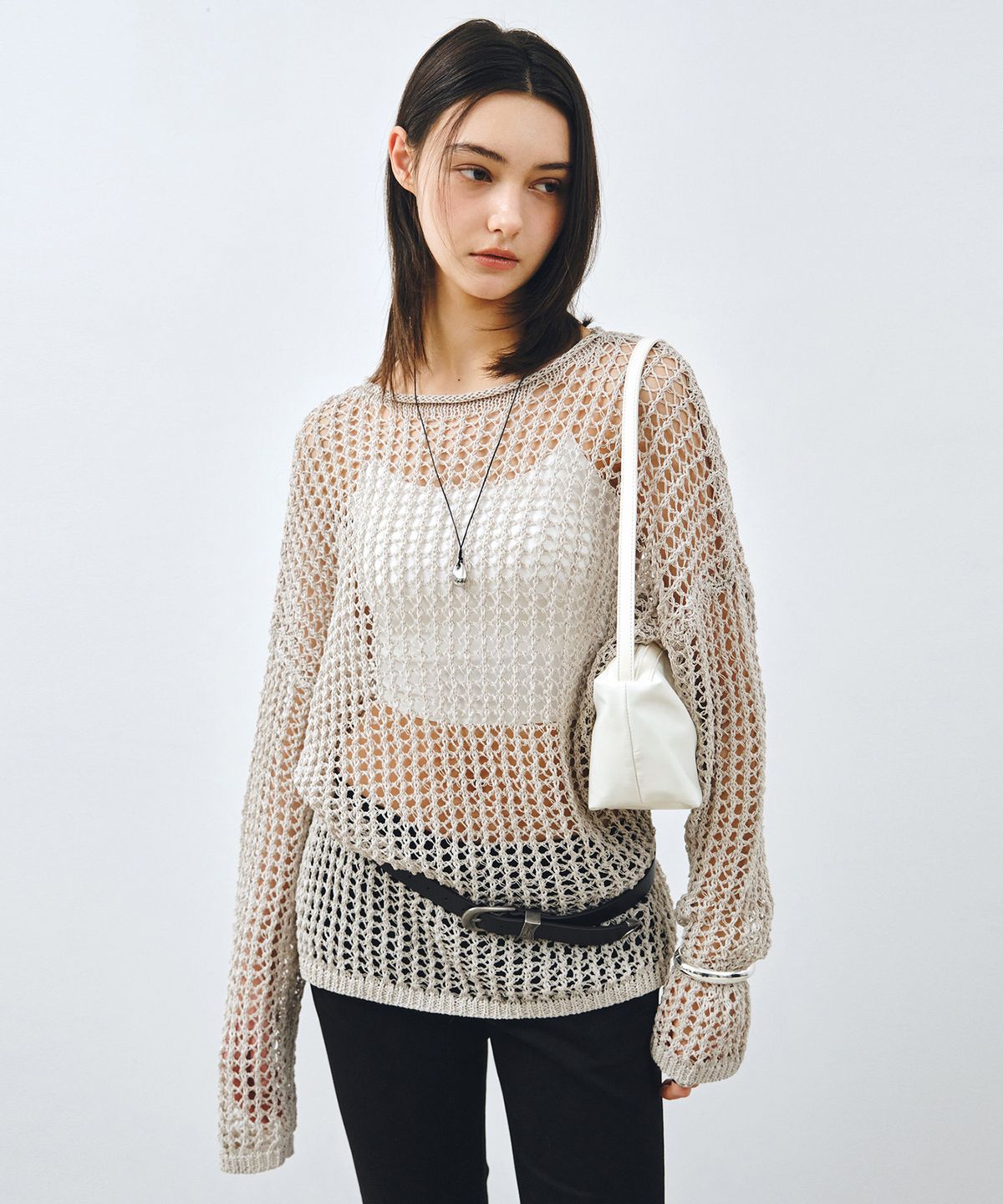 몽돌(MONGDOL) 페이퍼 네트 시스루 니트 탑 그레이 MDKT126GRAY