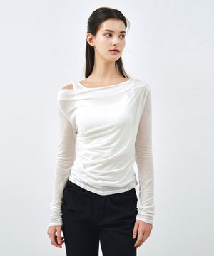 [SET] 원숄더 드레이핑 레이어드 티셔츠 화이트 MDTS088WHITE
