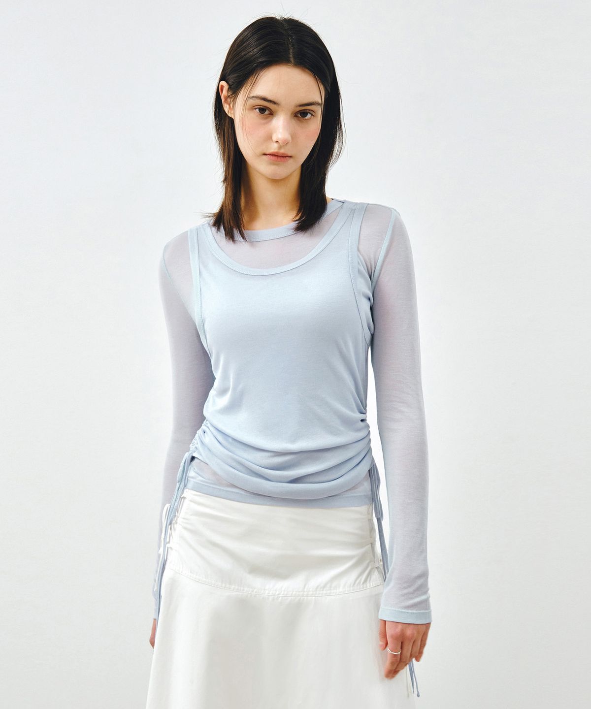 몽돌(MONGDOL) [SET] 사이드 셔링 레이어드 티셔츠 스카이블루 MDTS067SKYBLUE