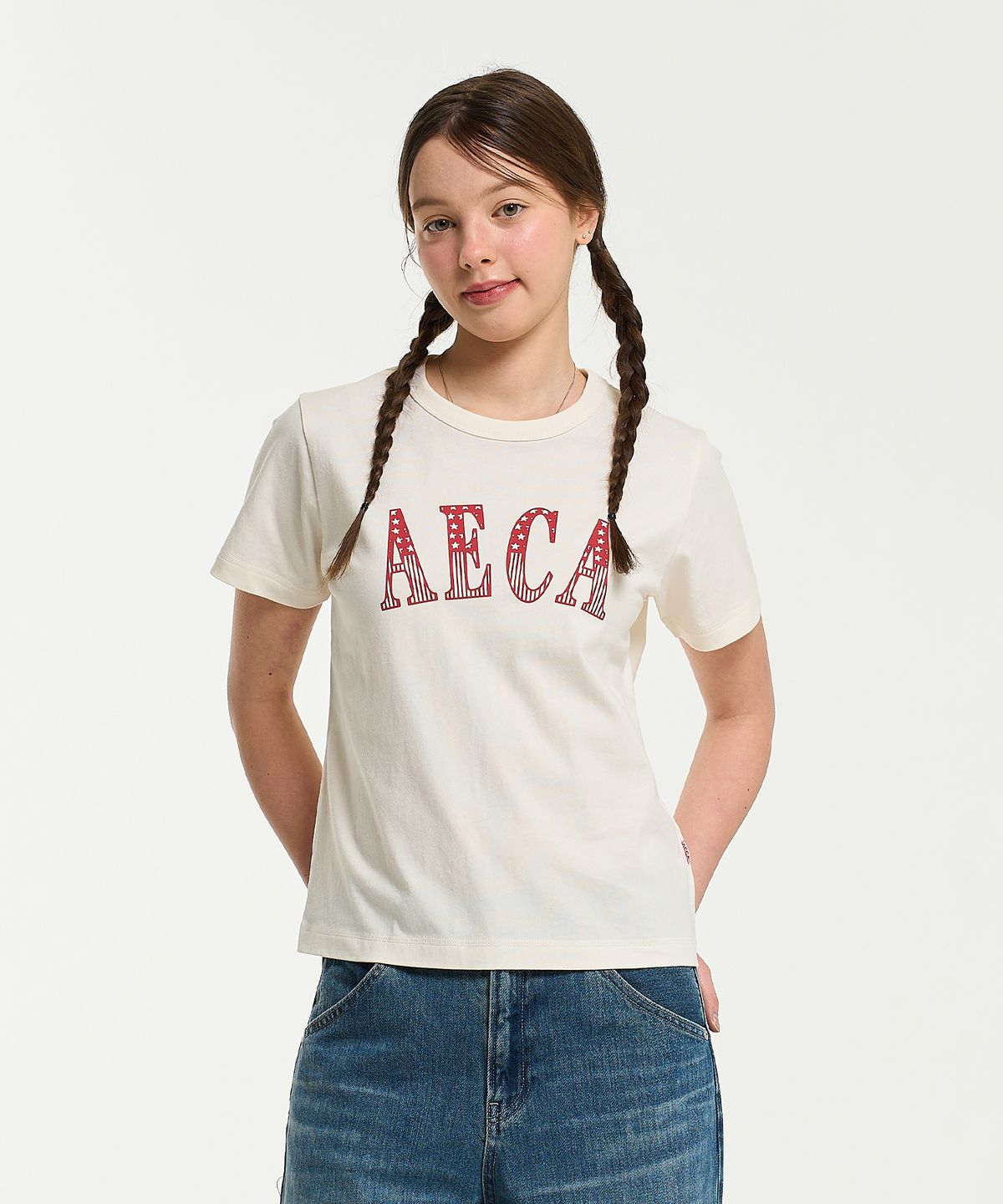 에이카화이트(AECA) (Woman) AECA CLASSIC LOGO DISTRESSED HALF SLEEVE TEE-ECRU
