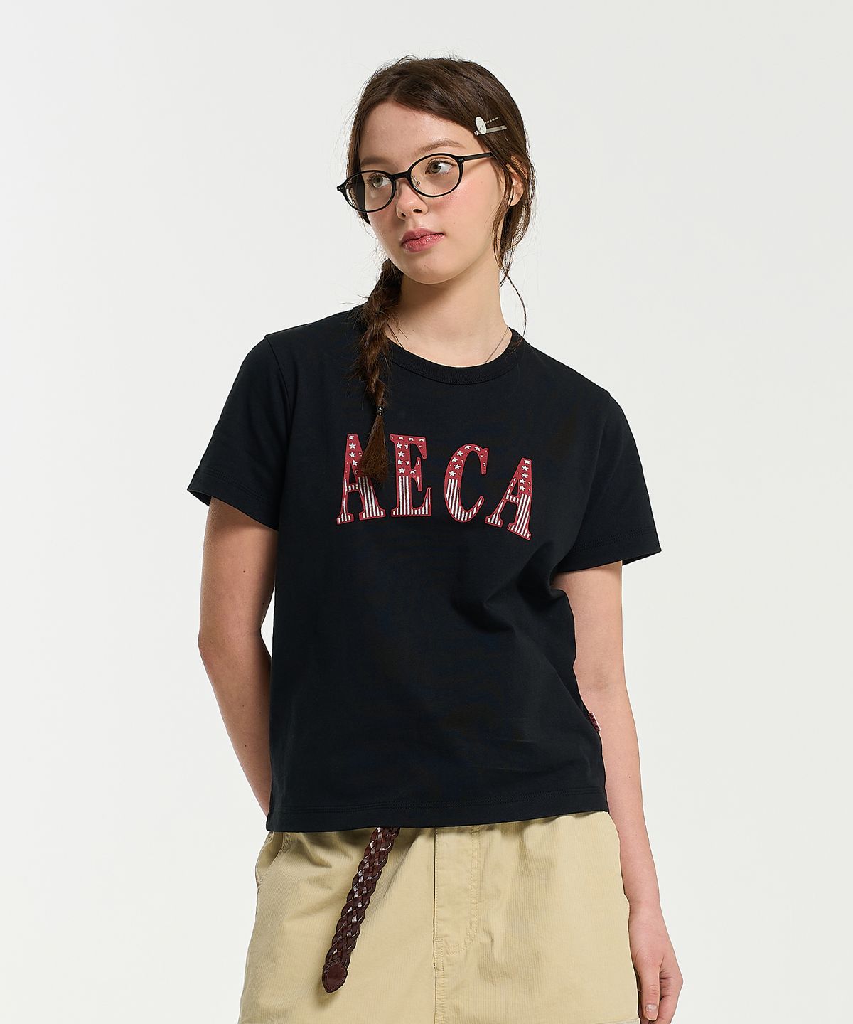 에이카화이트(AECA) (Woman) AECA CLASSIC LOGO DISTRESSED HALF SLEEVE TEE-BLACK