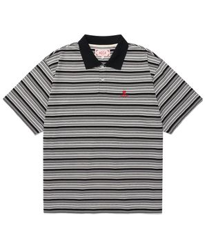 BLEACH WASHED STRIPE HALF SLEEVE PK TEE-BLACK