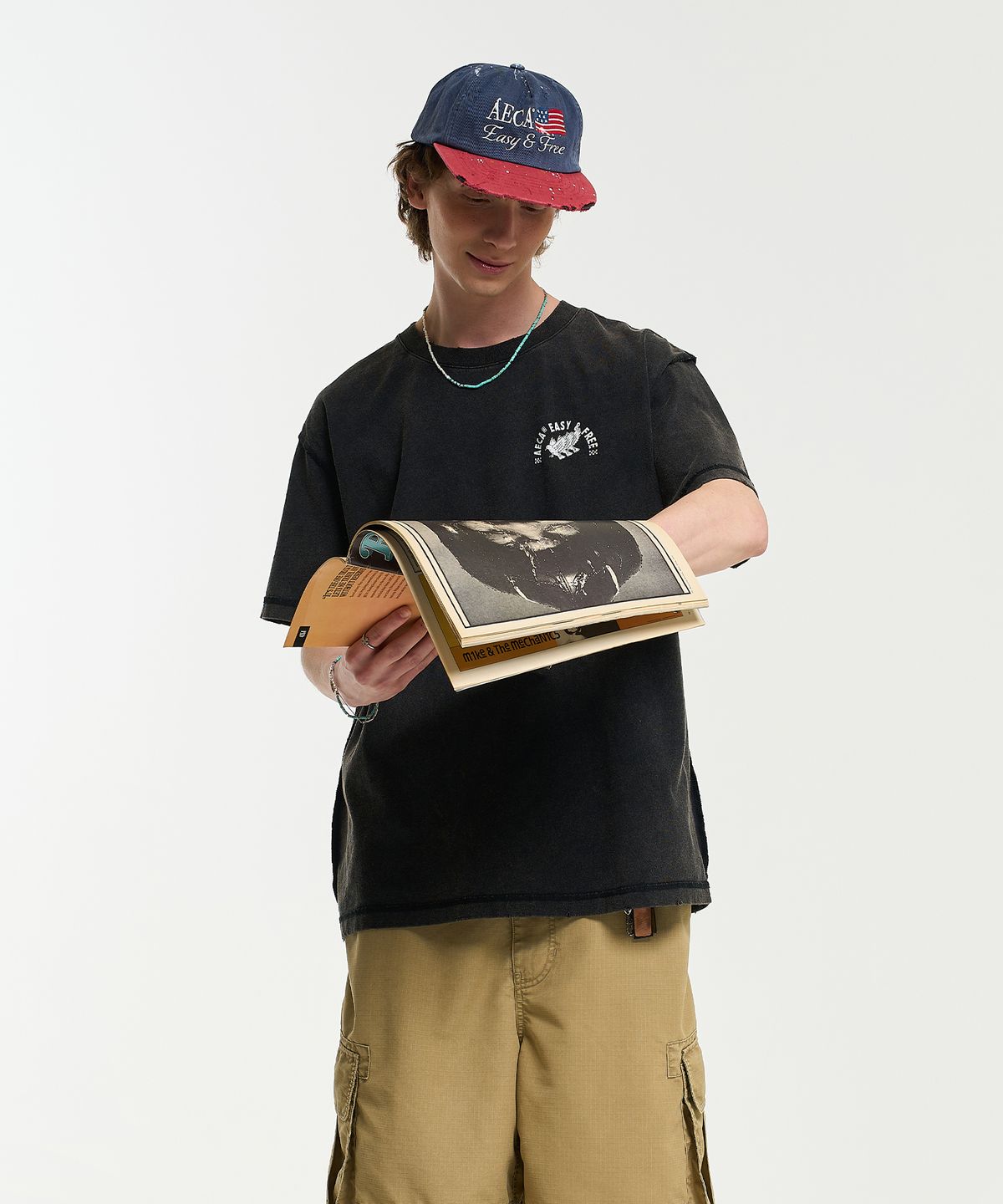 에이카화이트(AECA) FREE SPIRIT RAW EDGE HALF SLEEVE TEE-BLACK