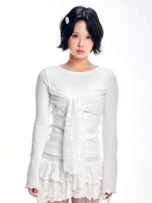 레오파드 리본 타이 티셔츠 - 화이트