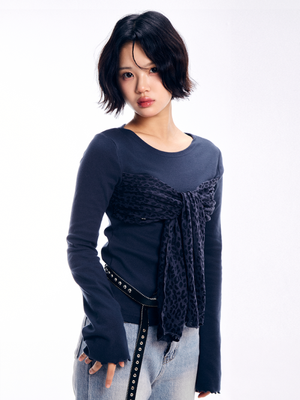 레오파드 리본 타이 티셔츠 - 네이비