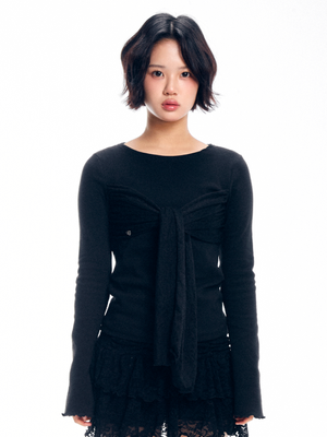 레오파드 리본 타이 티셔츠 - 블랙