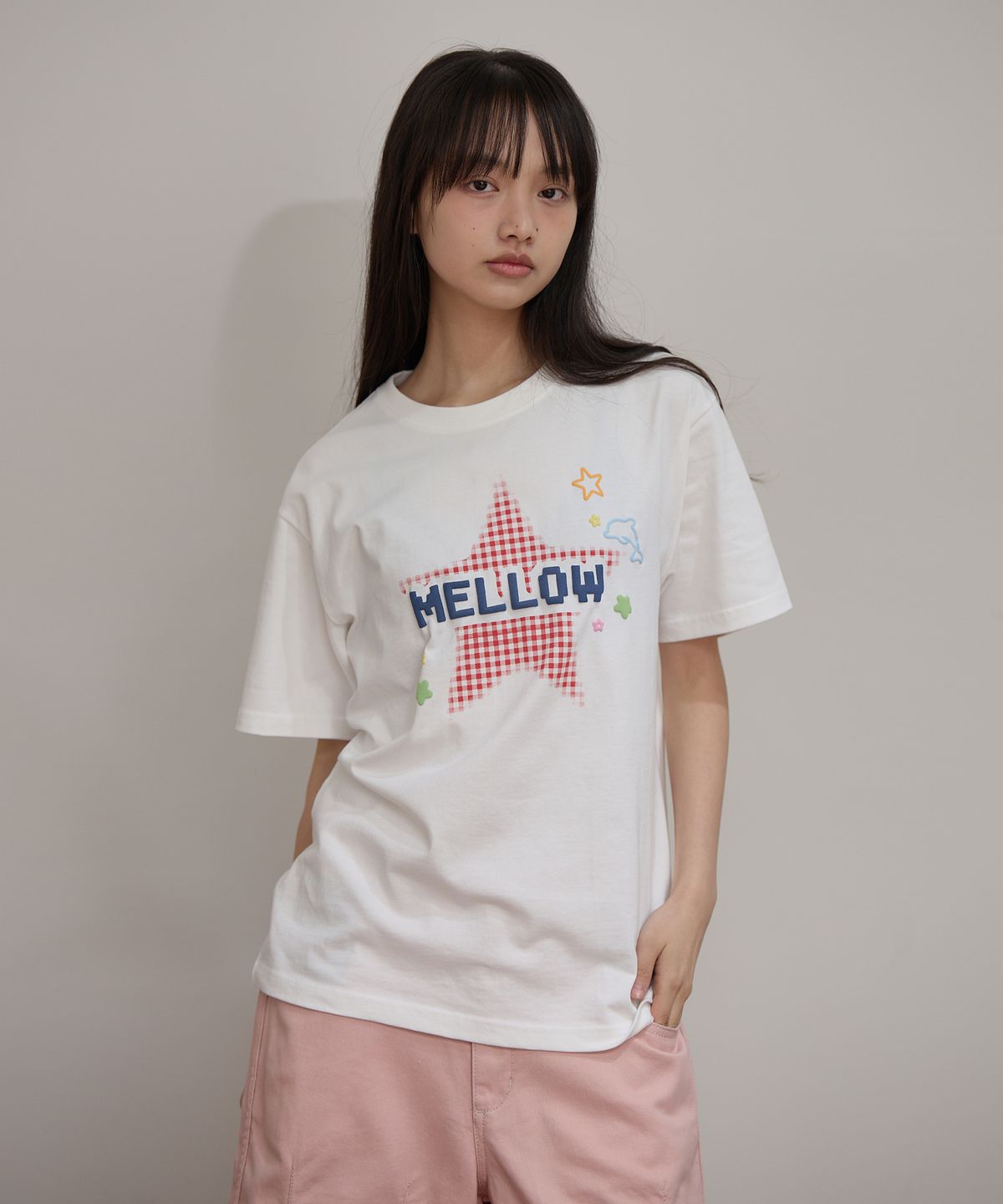 와이케이(WAIKEI) MELLOW 스타 체크 반팔티셔츠 아이보리