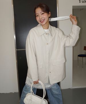 (woman) 유틸 싱글 레더 하프코트_Ivory