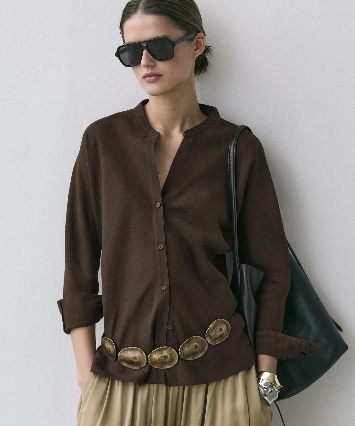 마시모두띠(MASSIMO DUTTI) 100% 린넨 스탠드 칼라 셔츠
