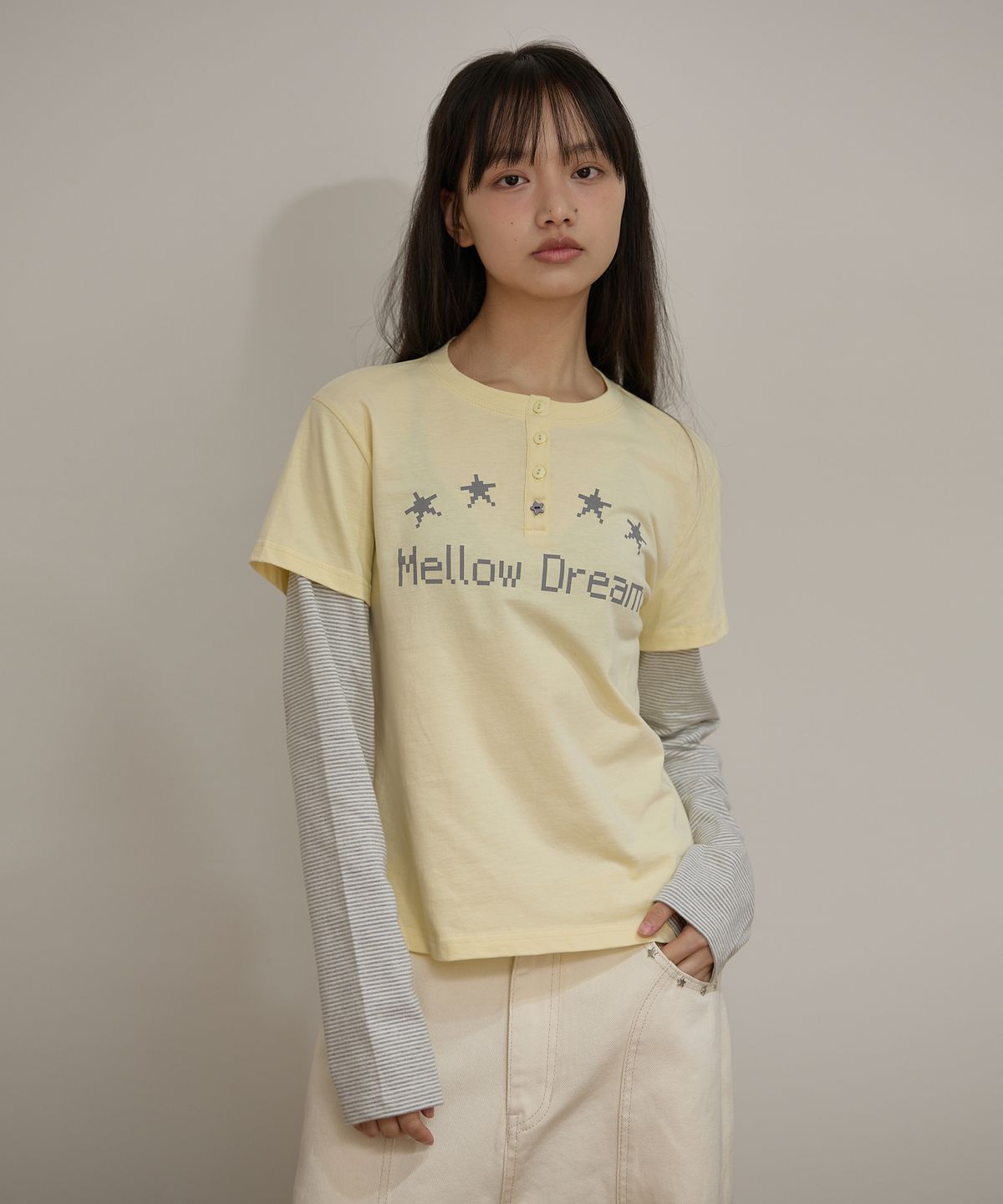 와이케이(WAIKEI) MELLOW DREAM 스트라이프 레이어드 티셔츠 옐로우