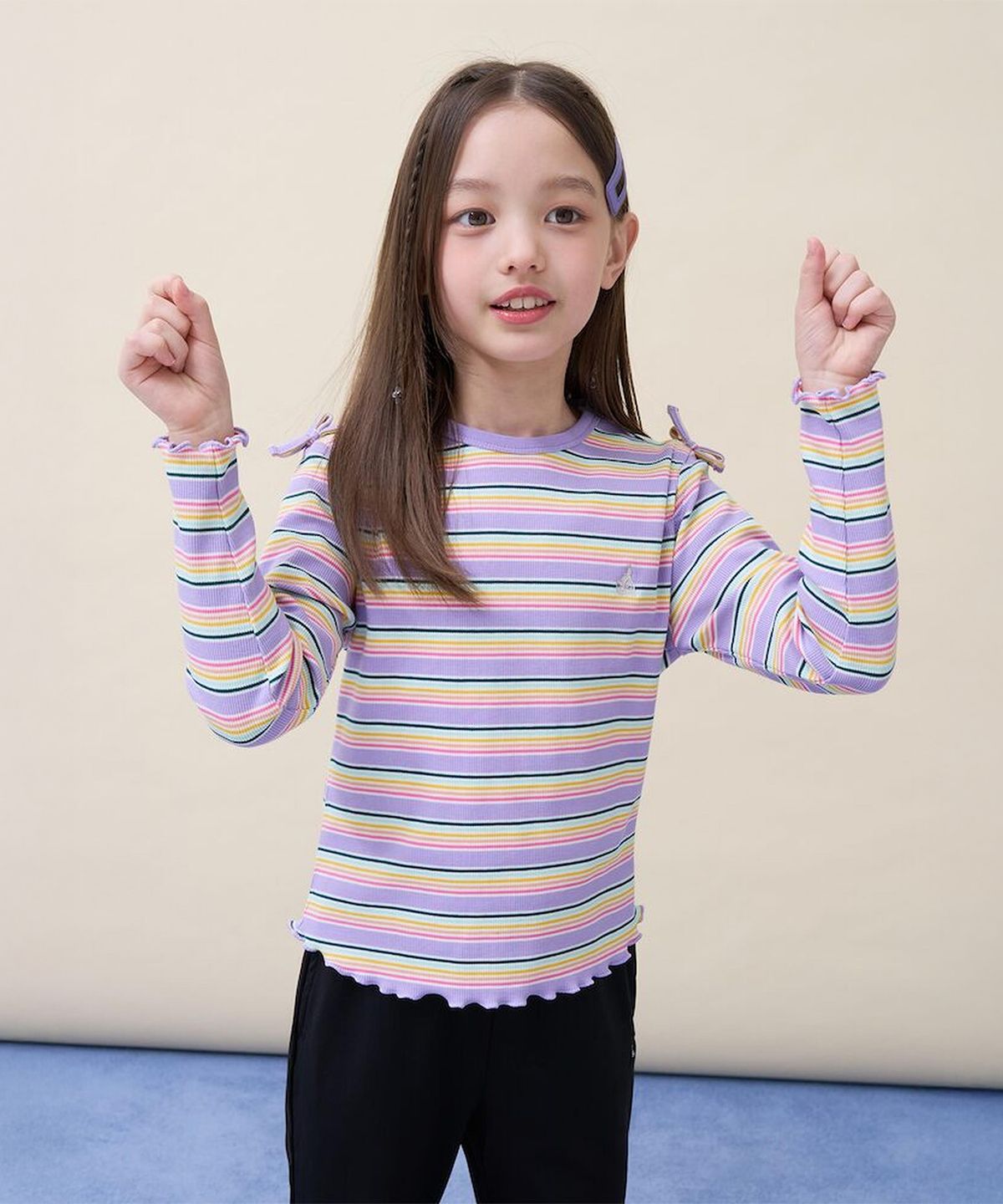 빈폴 키즈(BEANPOLE KIDS) 여아 스트라이프 골지 컷아웃 티셔츠  라이트 퍼플 (BI6241G02V)