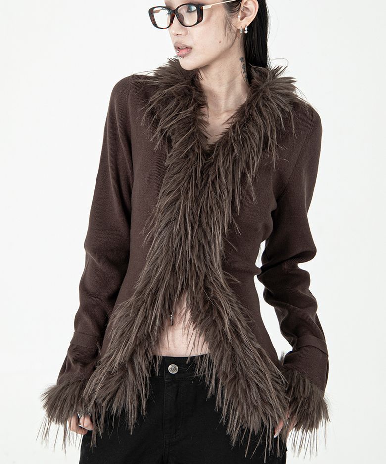 Fur-Trimmed Back-Strap Cardigan #Brown