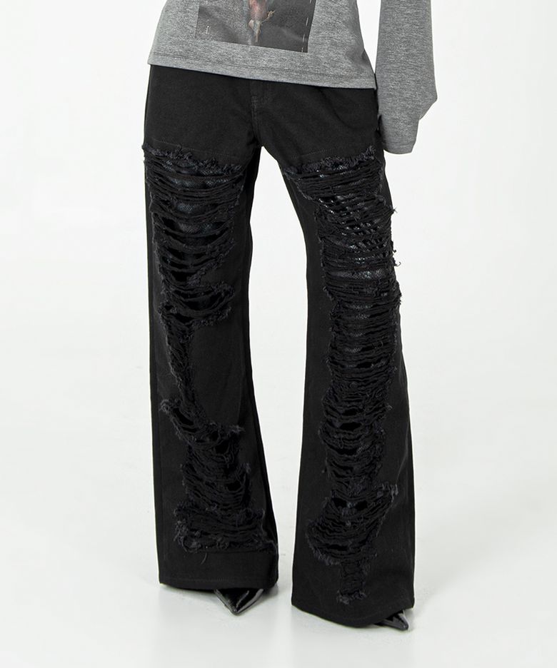 Damaged Python Wide Denim Pants #Black