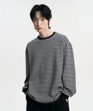 [소프트원단]오버핏 스트라이프 롱슬리브 티셔츠 블랙