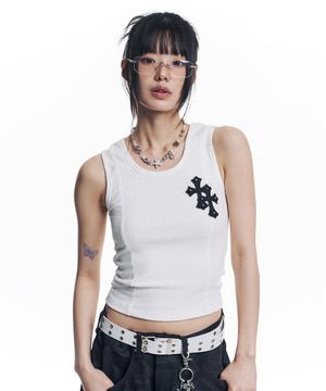 크로스 레더 패치 슬리브리스 - 화이트