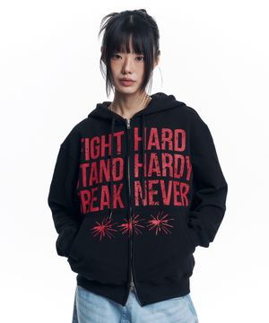크랙 나염 레터링 후드 집업 - 블랙