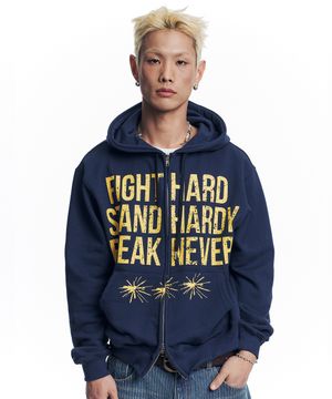 크랙 나염 레터링 후드 집업 - 네이비