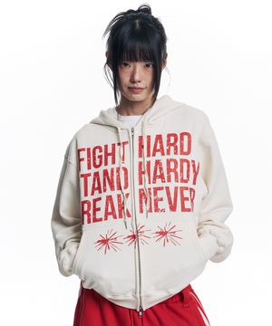 크랙 나염 레터링 후드 집업 - 크림