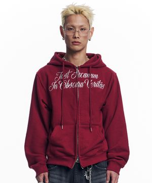 레터링 자수 후드 집업 - 와인