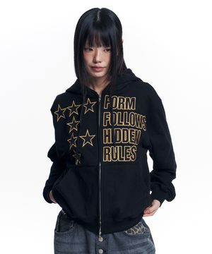 스타 레터링 패치 후드 집업 - 블랙