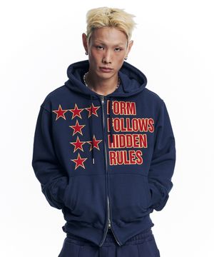 스타 레터링 패치 후드 집업 - 네이비