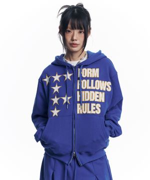 스타 레터링 패치 후드 집업 - 블루