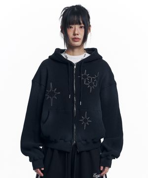 워시드 스타 와플 후드 집업 - 블랙