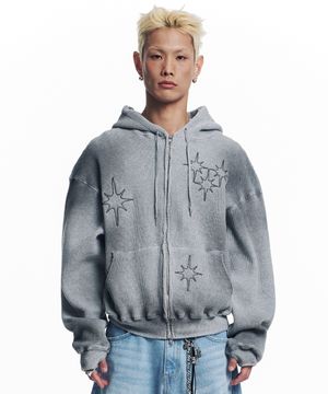 워시드 스타 와플 후드 집업 - 그레이