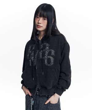 워시드 레더 패치 후드 집업 - 블랙