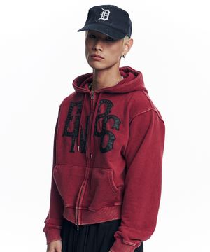 워시드 레더 패치 후드 집업 - 와인