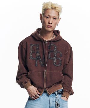 워시드 레더 패치 후드 집업 - 브라운