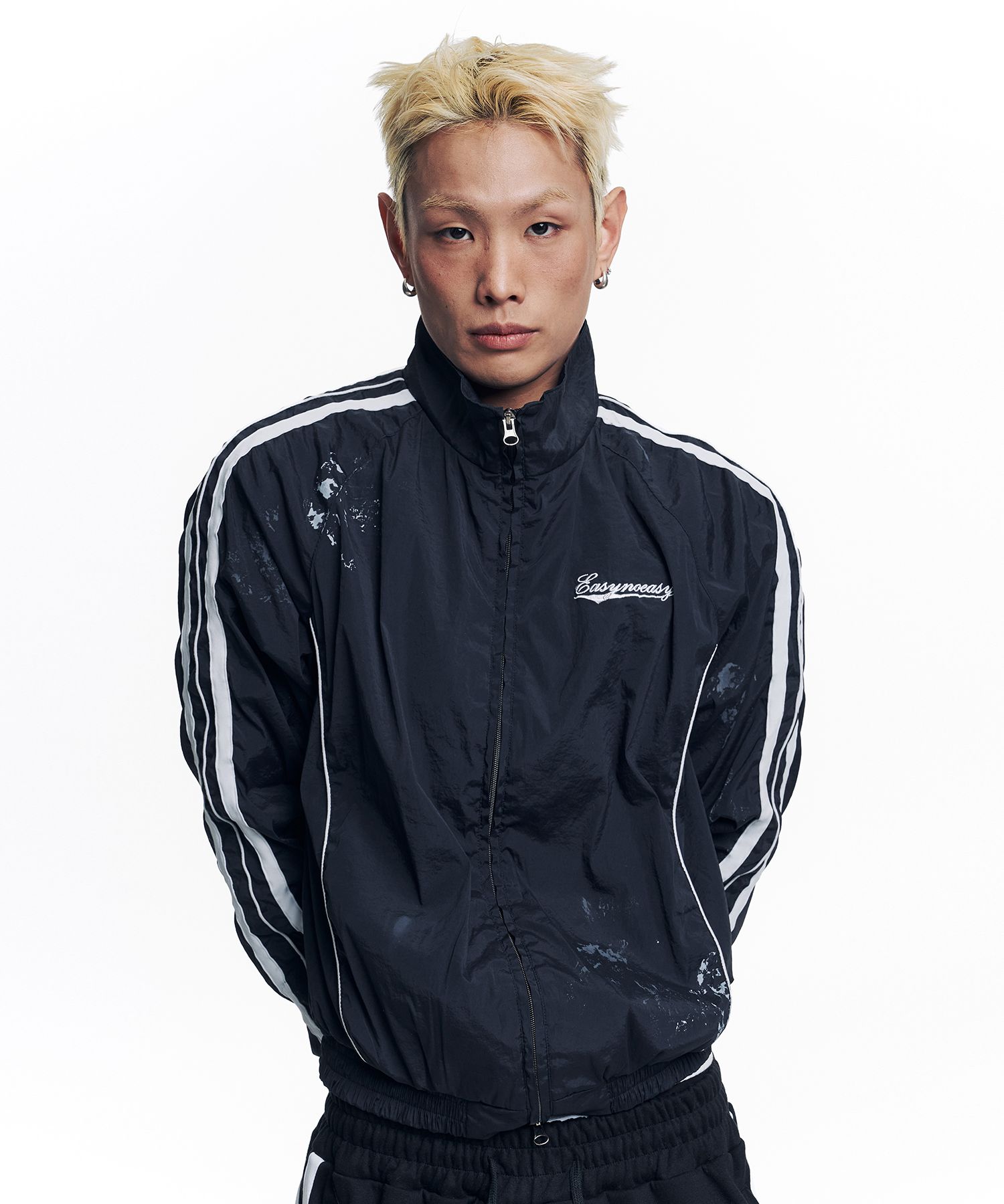 MUSINSA | EASY NO EASY Dirty Nylon Piping Track Jacket - Black