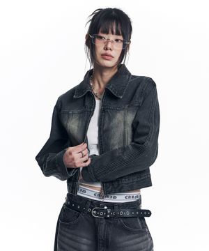 워시드 크롭 트랙 데님 자켓 - 블랙