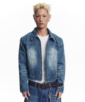 워시드 크롭 트랙 데님 자켓 - 딥블루